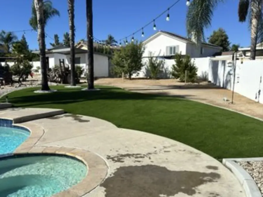 Backyard turf under palm trees and string lights, from this reviewer’s photos